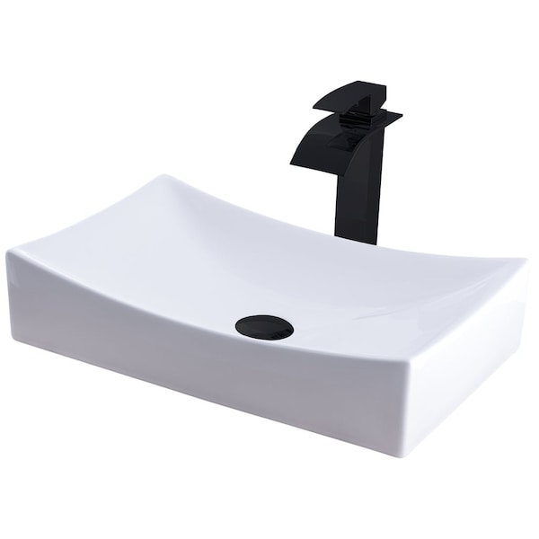 Novatto White Porcelain Vessel Sink Combo with Matte Black Faucet, Drain and Sealer NSFC-01141136MB - main